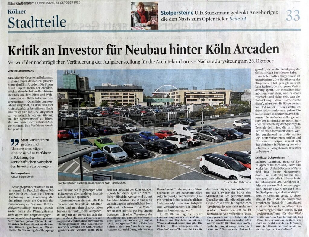 Zeitungsartikel: Kritik am Investor für Neubau hinter Köln Arcaden